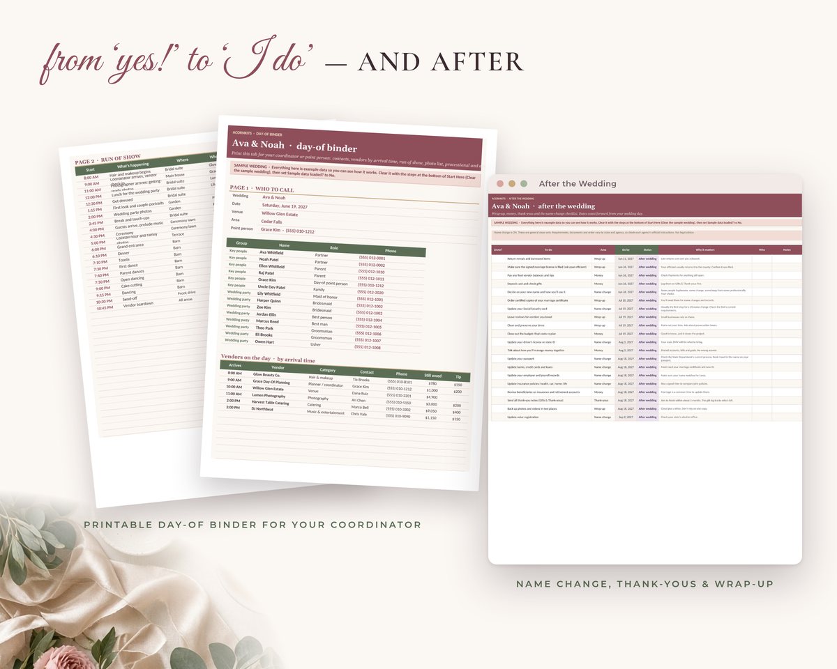 Printable day-of binder pages and the After the Wedding tab