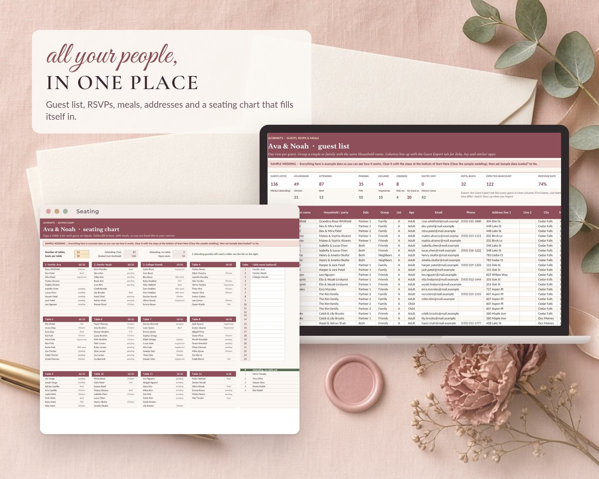 Guest list and seating chart tabs