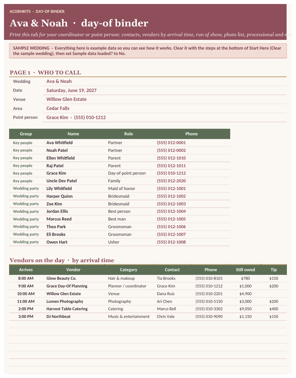 Day-of binder with sample contacts and vendors