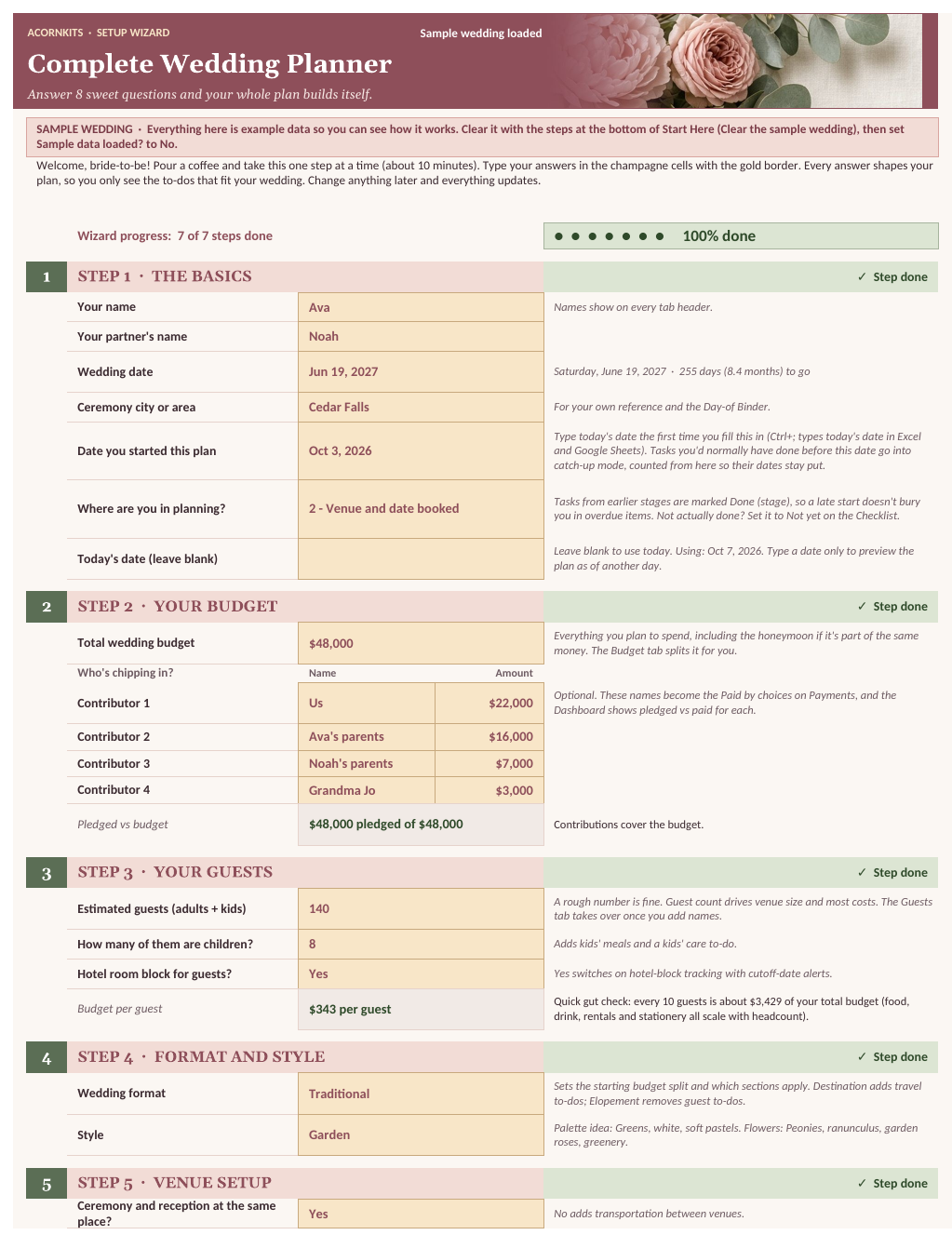 Setup wizard with sample answers